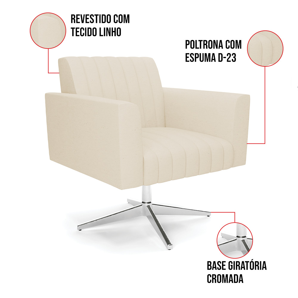 Kit 2 Poltronas Giratória Viena Gomada Linho Base Cromada - D'Rossi