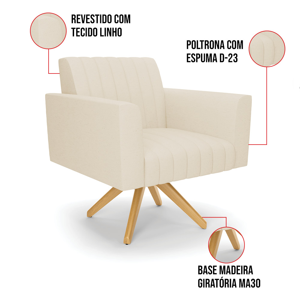 Kit 2 Poltronas Giratória Viena Gomada Linho Base de Madeira MA30 - D'Rossi