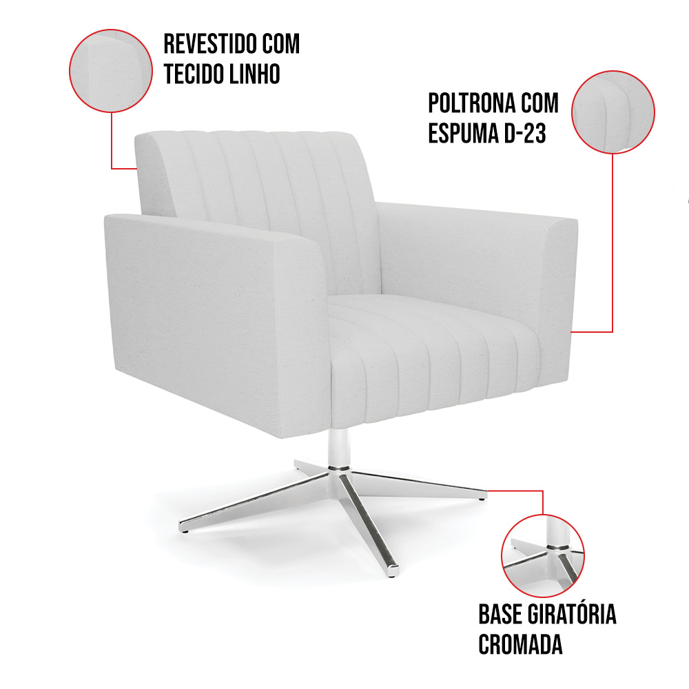 Kit 2 Poltronas Giratória Viena Gomada Linho Cinza A05 Base Cromada - D'Rossi