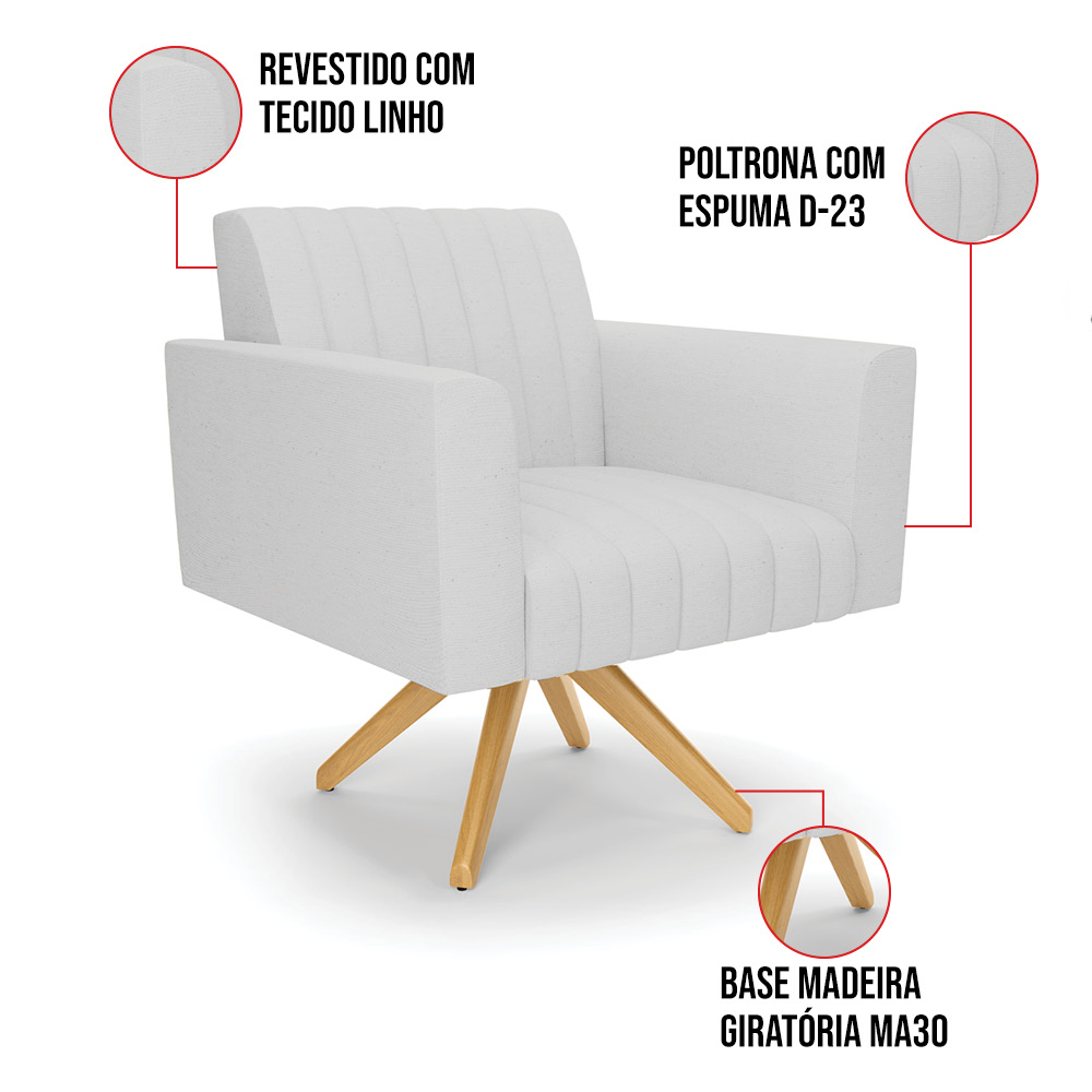 Kit 2 Poltronas Giratória Viena Gomada Linho Cinza A05 Base de Madeira MA30 - D'Rossi