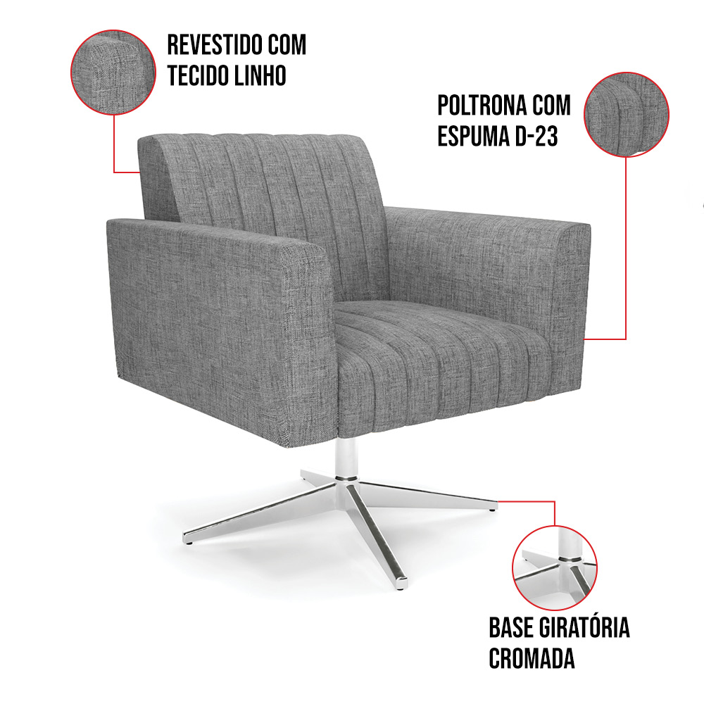 Kit 2 Poltronas Giratória Viena Gomada Linho Grafite A26 Base Cromada - D'Rossi