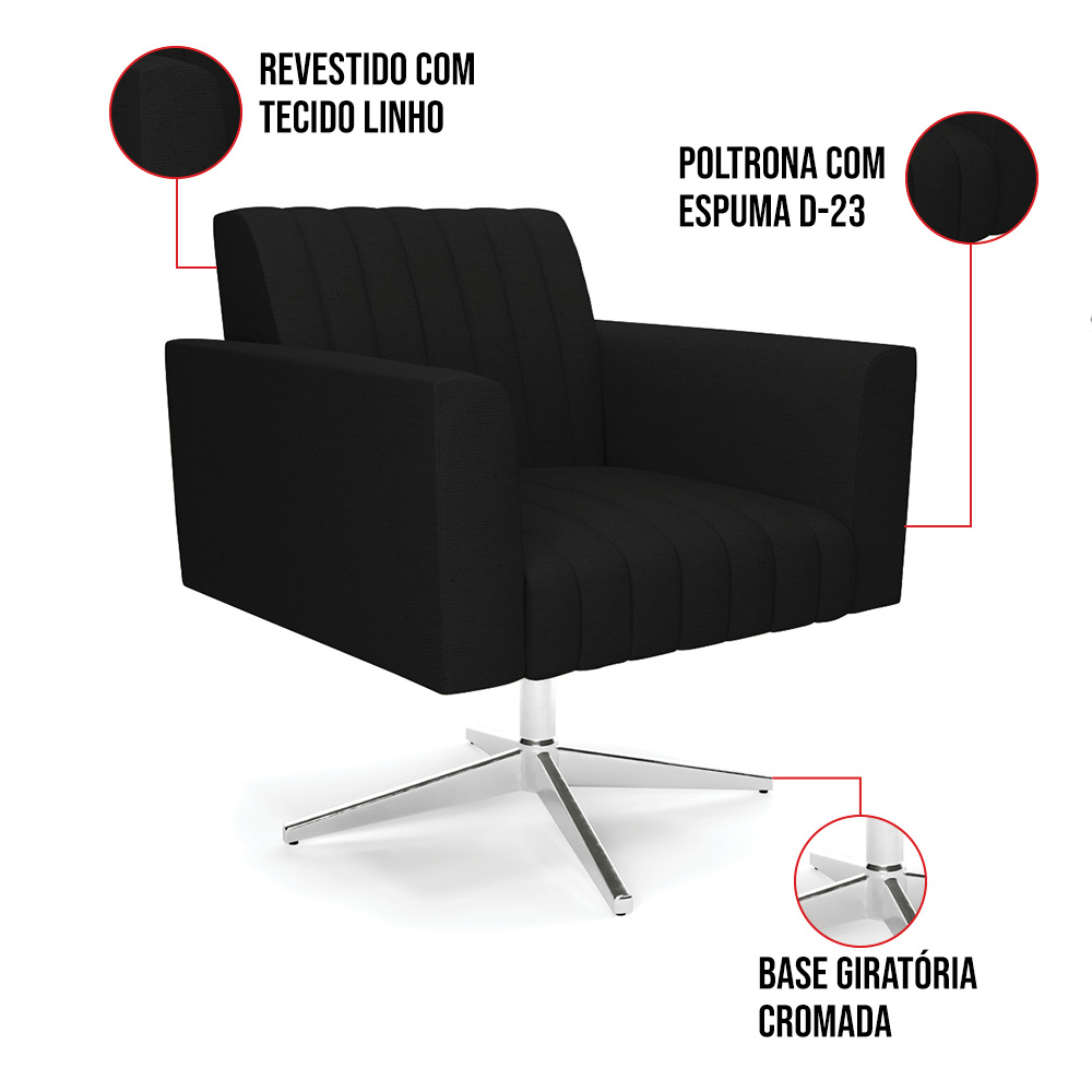Kit 2 Poltronas Giratória Viena Gomada Linho Preto A79 Base Cromada - D'Rossi