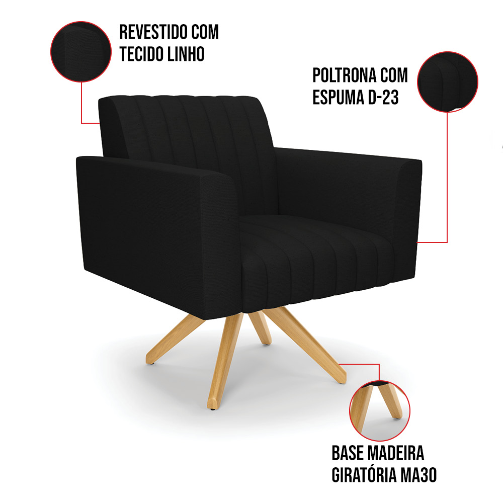 Kit 2 Poltronas Giratória Viena Gomada Linho Preto A79 Base de Madeira MA30 - D'Rossi