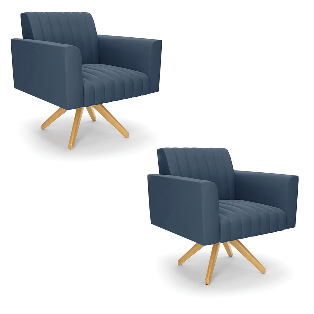 Kit 2 Poltronas Giratória Viena Gomada Suede Azul Marinho Base de Madeira MA30 - D'Rossi