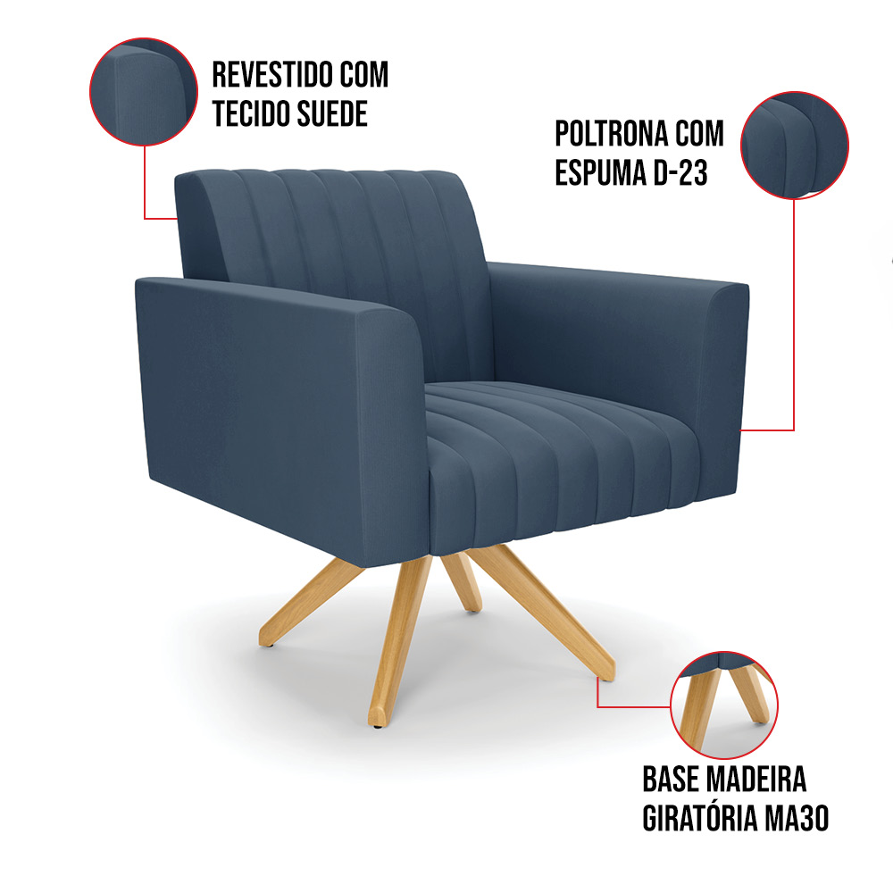 Kit 2 Poltronas Giratória Viena Gomada Suede Azul Marinho Base de Madeira MA30 - D'Rossi