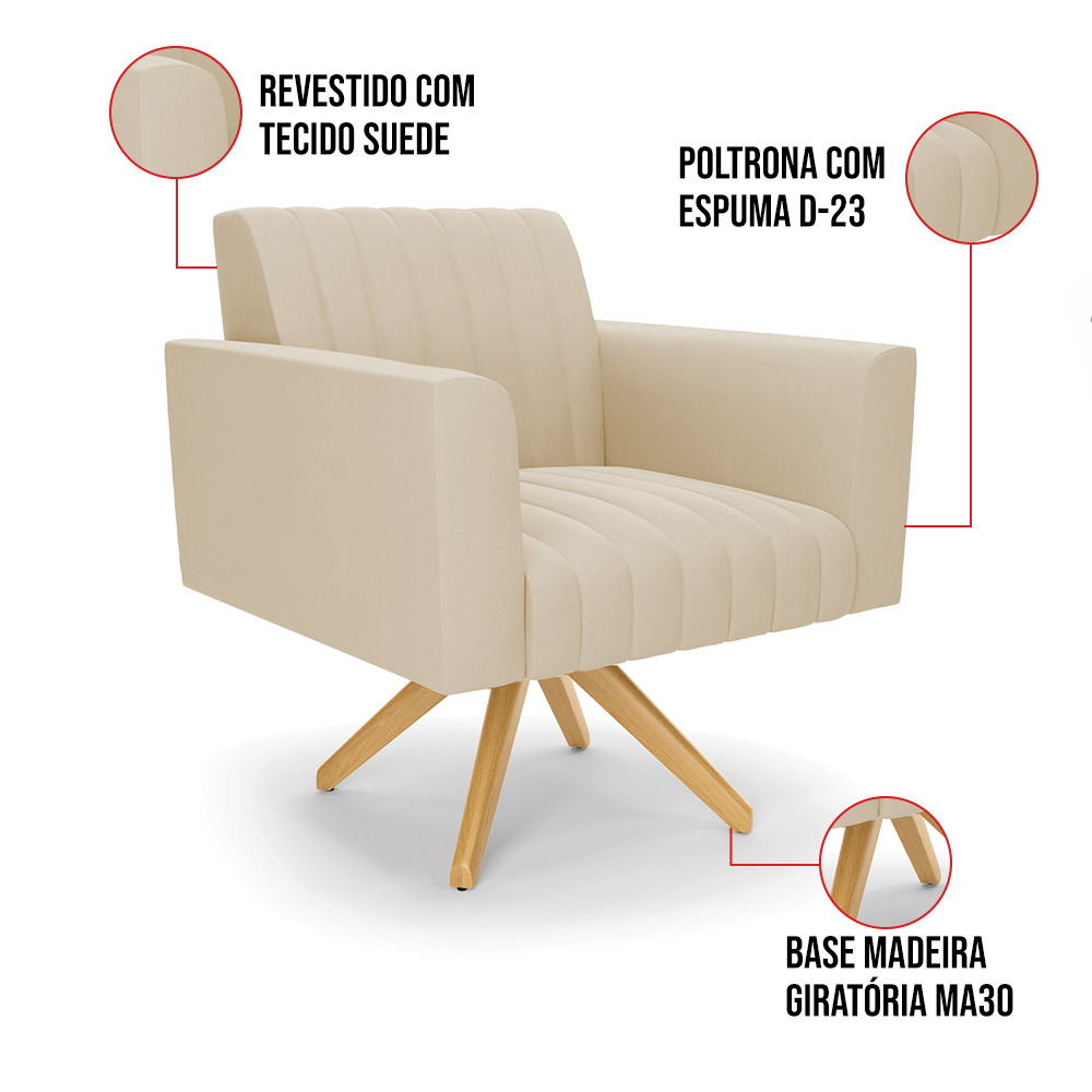 Kit 2 Poltronas Giratória Viena Gomada Suede Base de Madeira MA30 - D'Rossi