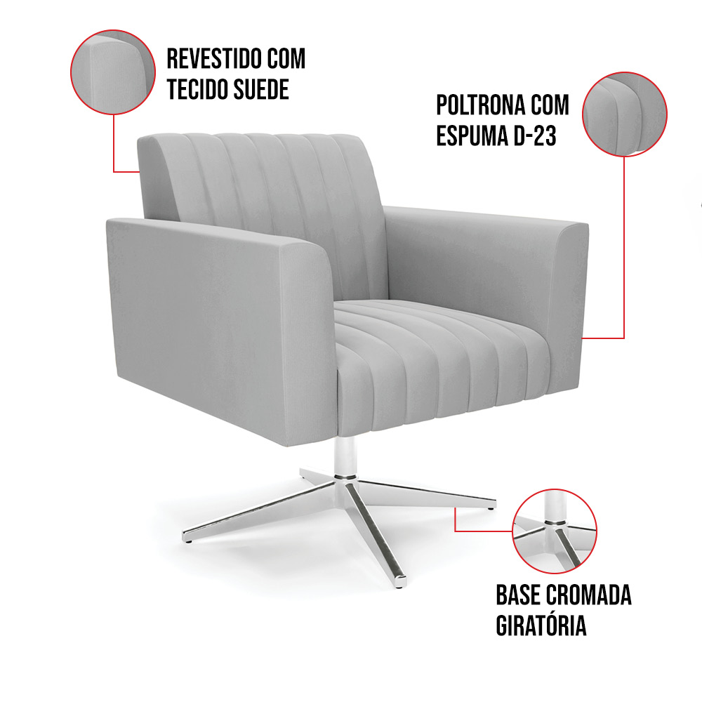 Kit 2 Poltronas Giratória Viena Gomada Suede Cinza Base Cromada - D'Rossi