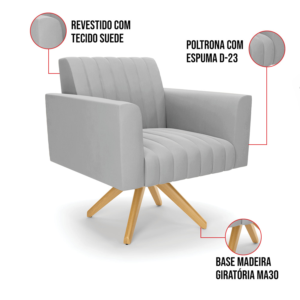 Kit 2 Poltronas Giratória Viena Gomada Suede Cinza Base de Madeira MA30 - D'Rossi