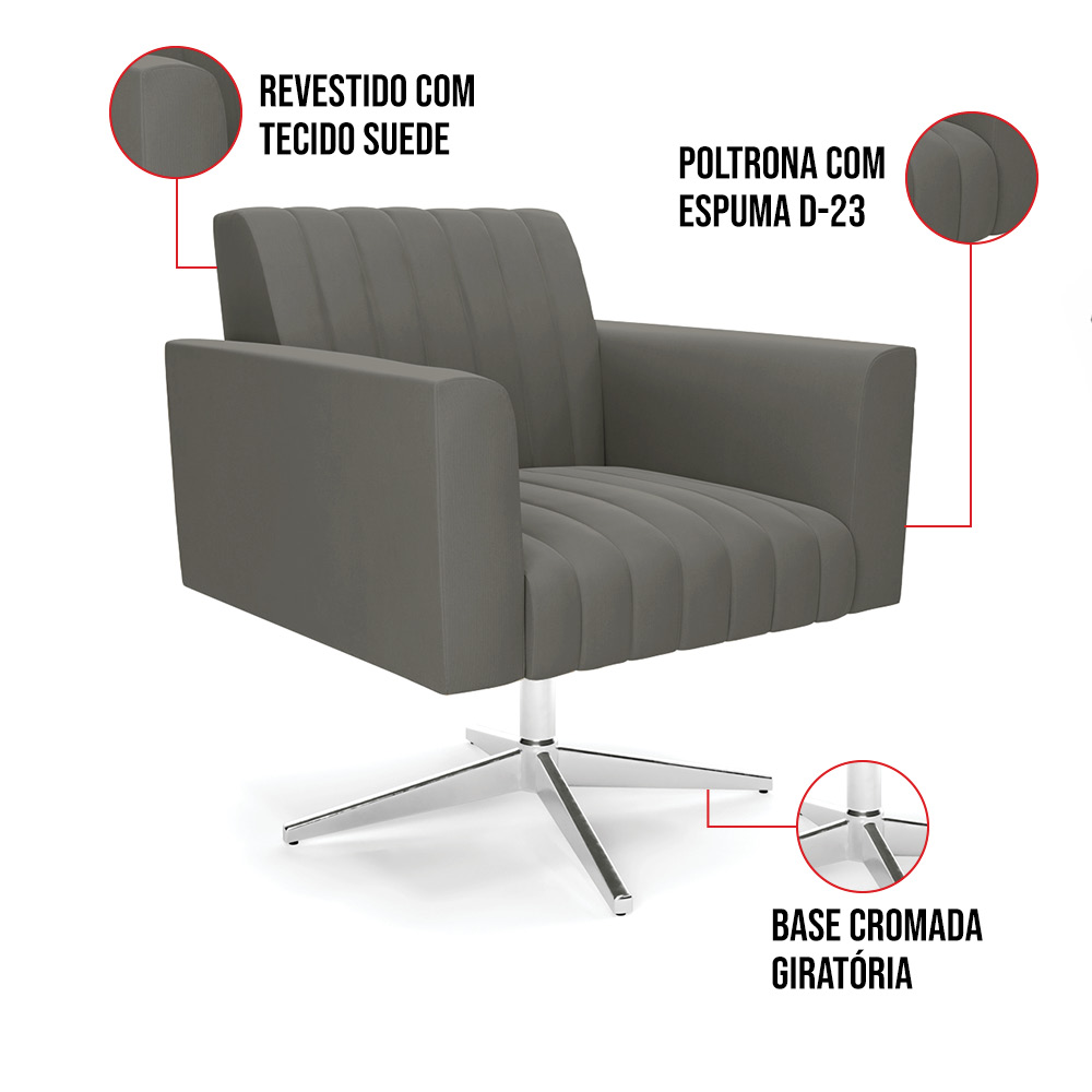 Kit 2 Poltronas Giratória Viena Gomada Suede Grafite Base Cromada - D'Rossi