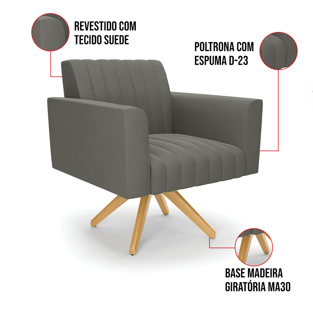 Kit 2 Poltronas Giratória Viena Gomada Suede Grafite Base de Madeira MA30 - D'Rossi