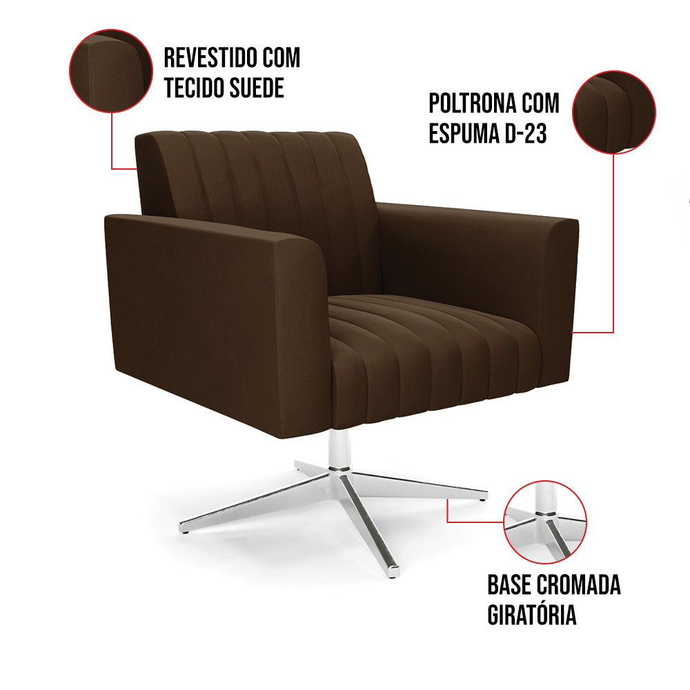 Kit 2 Poltronas Giratória Viena Gomada Suede Marrom Base Cromada - D'Rossi