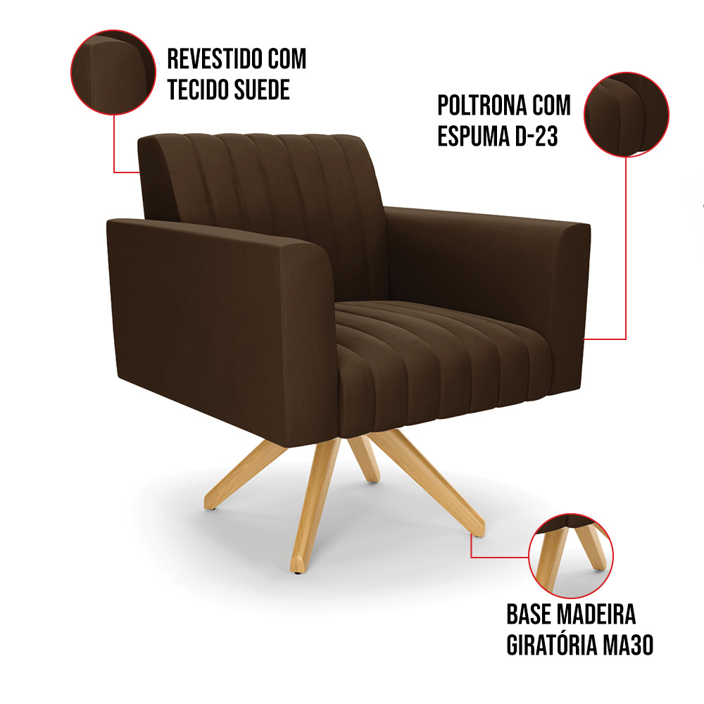 Kit 2 Poltronas Giratória Viena Gomada Suede Marrom Base de Madeira MA30 - D'Rossi