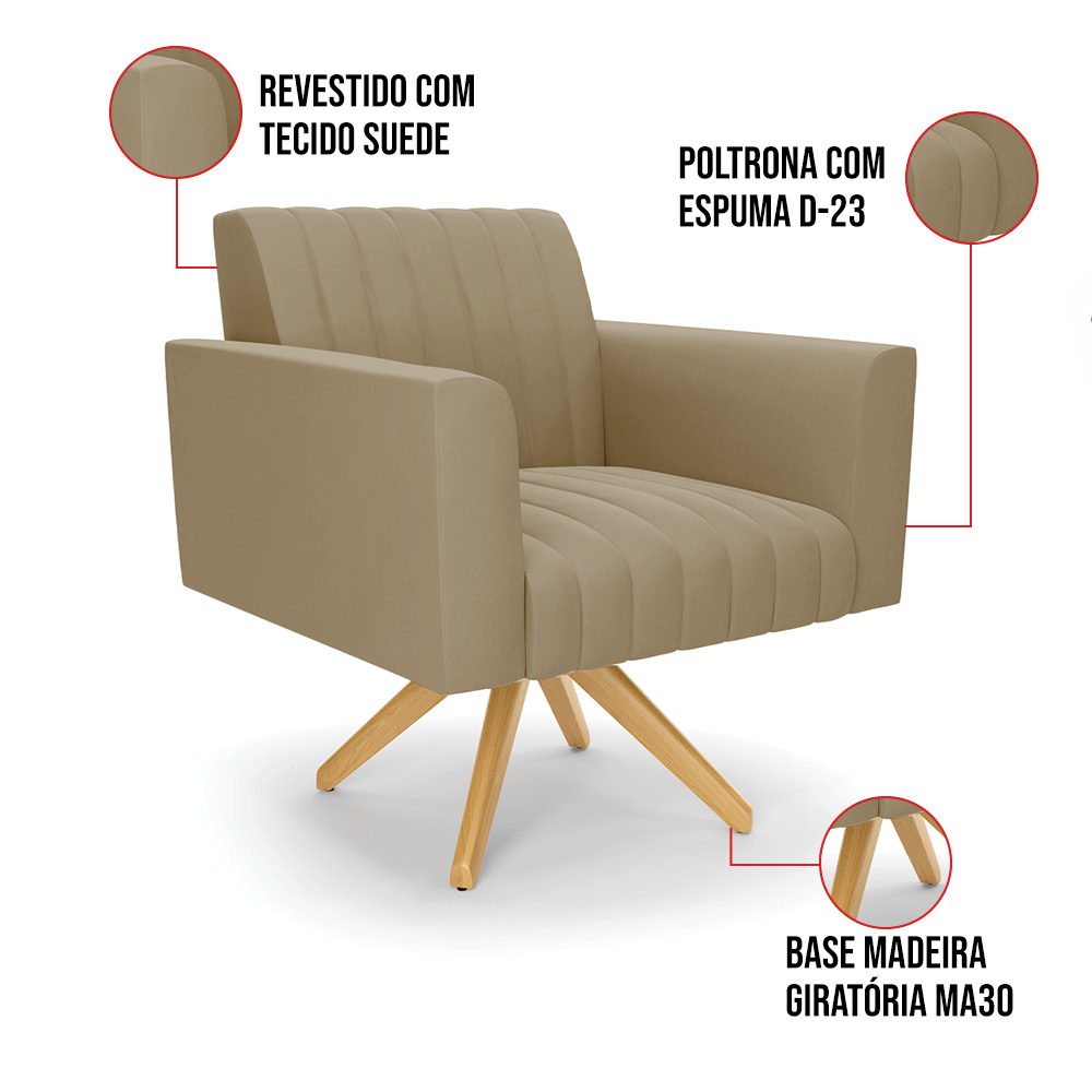 Kit 2 Poltronas Giratória Viena Gomada Suede Marrom Rato Base de Madeira MA30 - D'Rossi