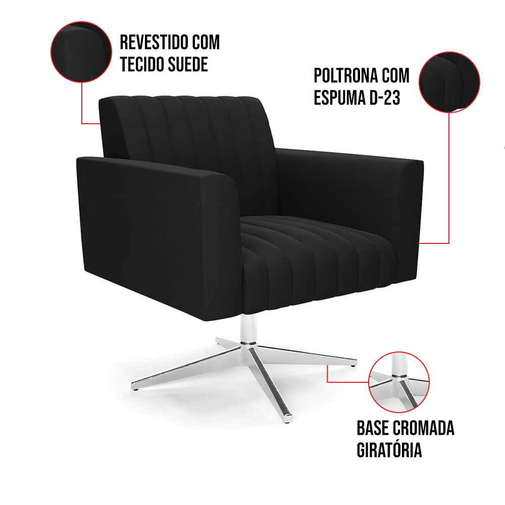 Kit 2 Poltronas Giratória Viena Gomada Suede Preto Base Cromada - D'Rossi