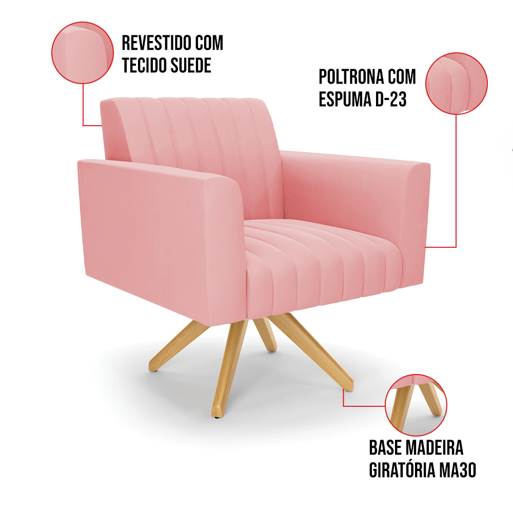 Kit 2 Poltronas Giratória Viena Gomada Suede Rosê Base de Madeira MA30 - D'Rossi