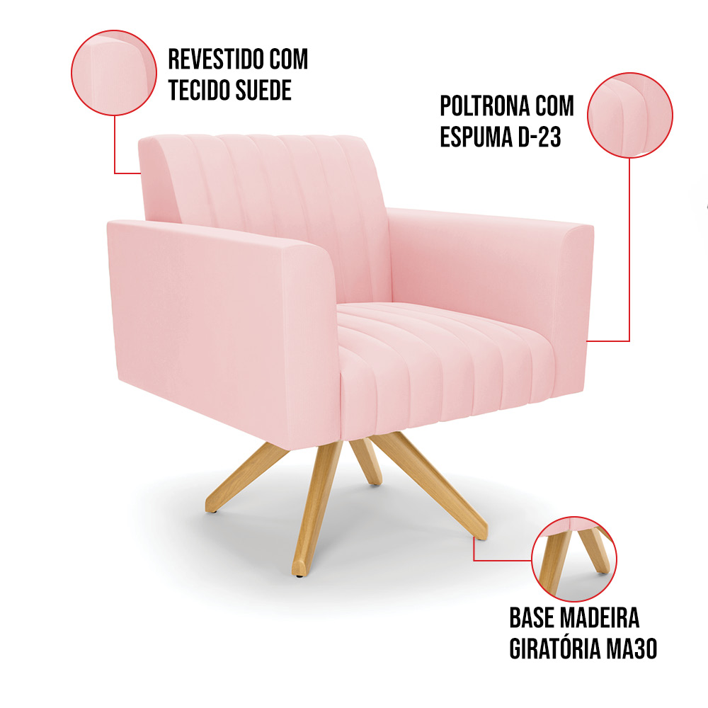 Kit 2 Poltronas Giratória Viena Gomada Suede Rosa Bebê Base de Madeira MA30 - D'Rossi