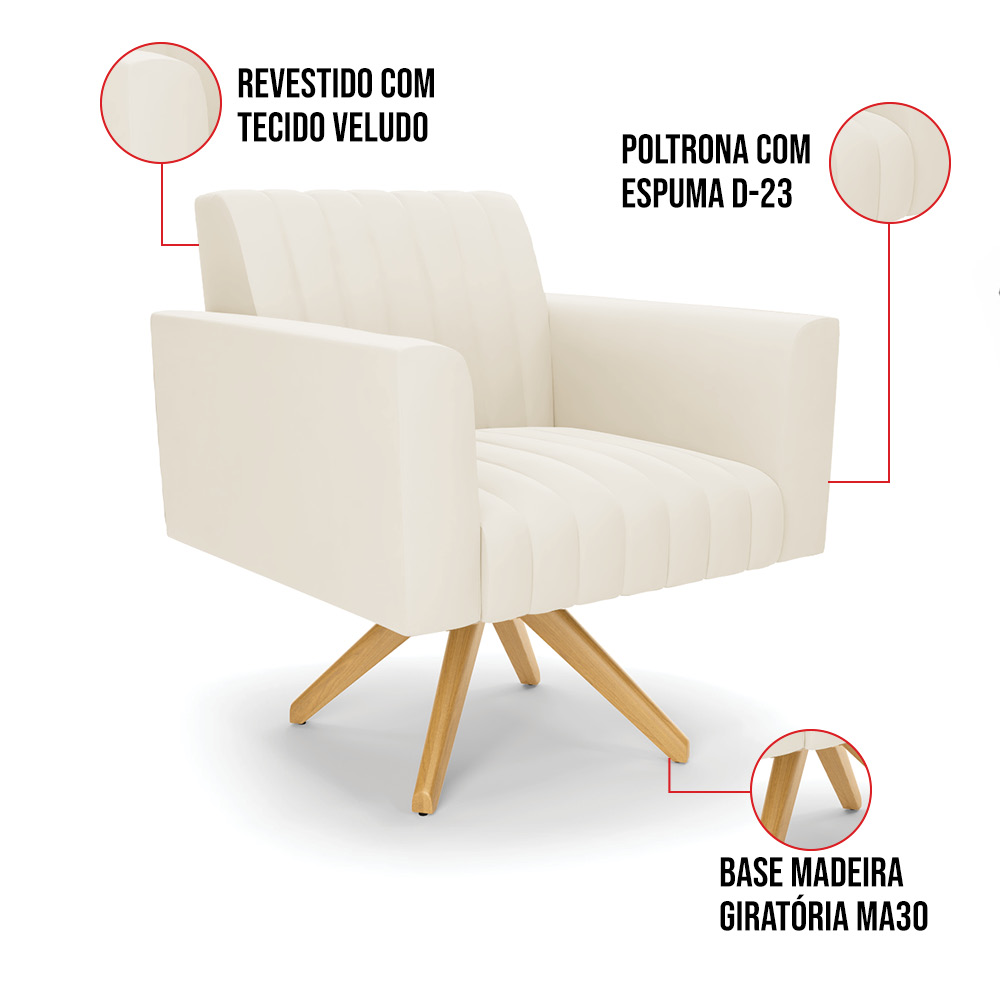 Kit 2 Poltronas Giratória Viena Gomada Veludo Bege Base de Madeira MA30 - D'Rossi