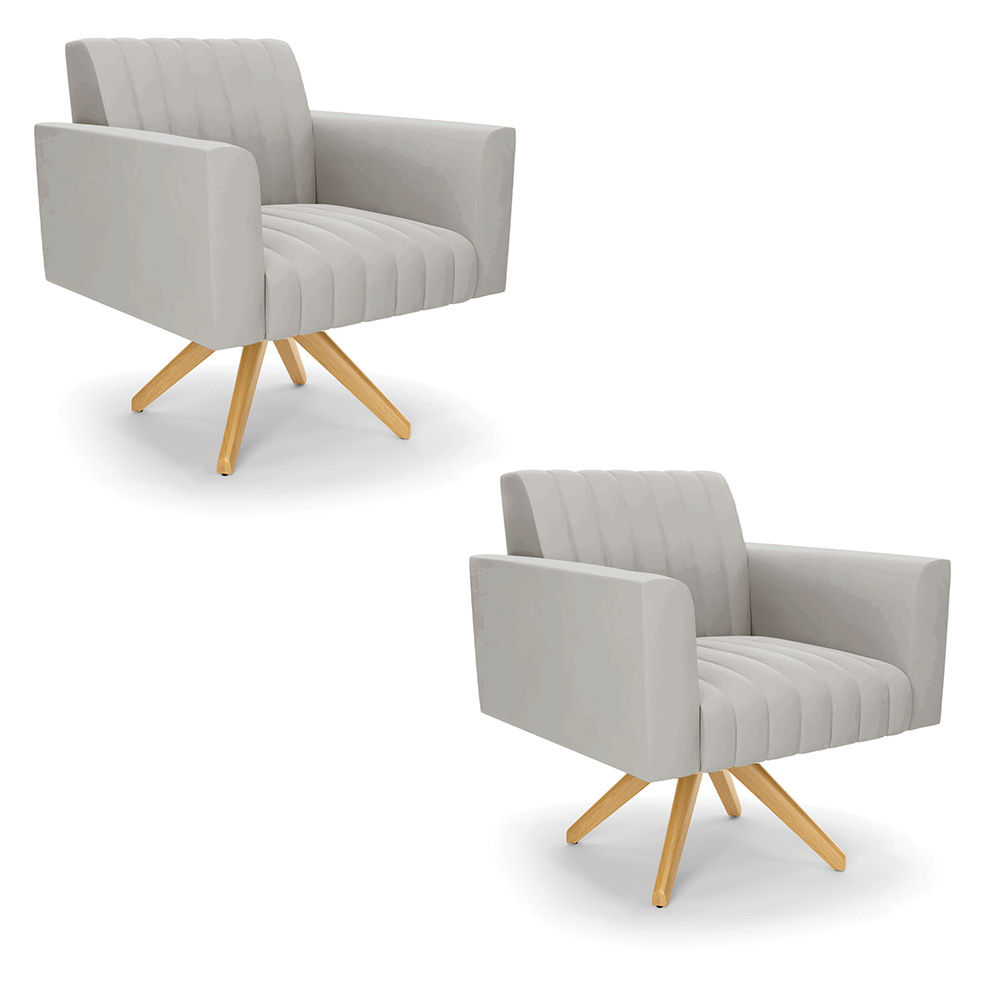 Kit 2 Poltronas Giratória Viena Gomada Veludo Cinza Base de Madeira MA30 - D'Rossi