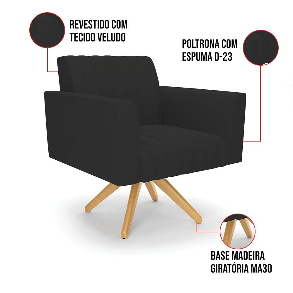 Kit 2 Poltronas Giratória Viena Gomada Veludo Preto Base de Madeira MA30 - D'Rossi