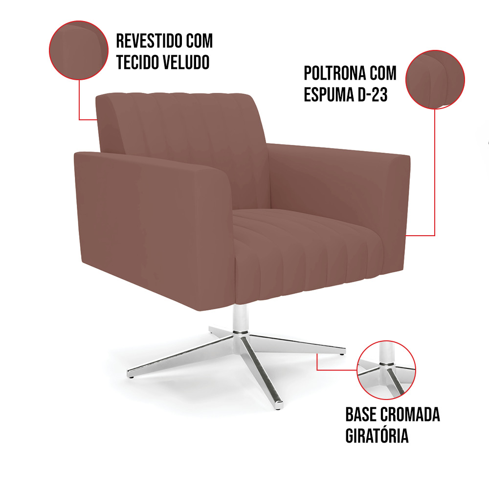 Kit 2 Poltronas Giratória Viena Gomada Veludo Rosê Base Cromada - D'Rossi