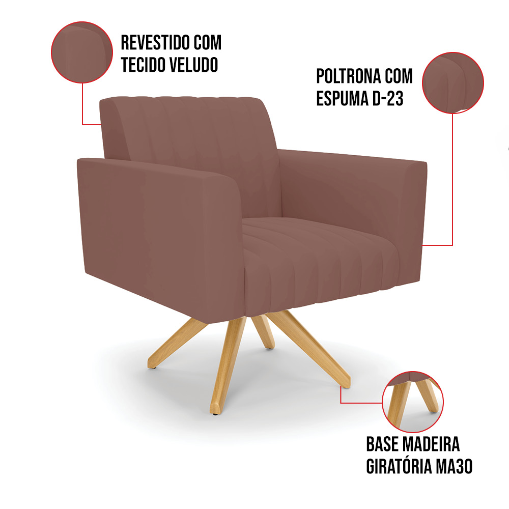 Kit 2 Poltronas Giratória Viena Gomada Veludo Rosê Base de Madeira MA30 - D'Rossi