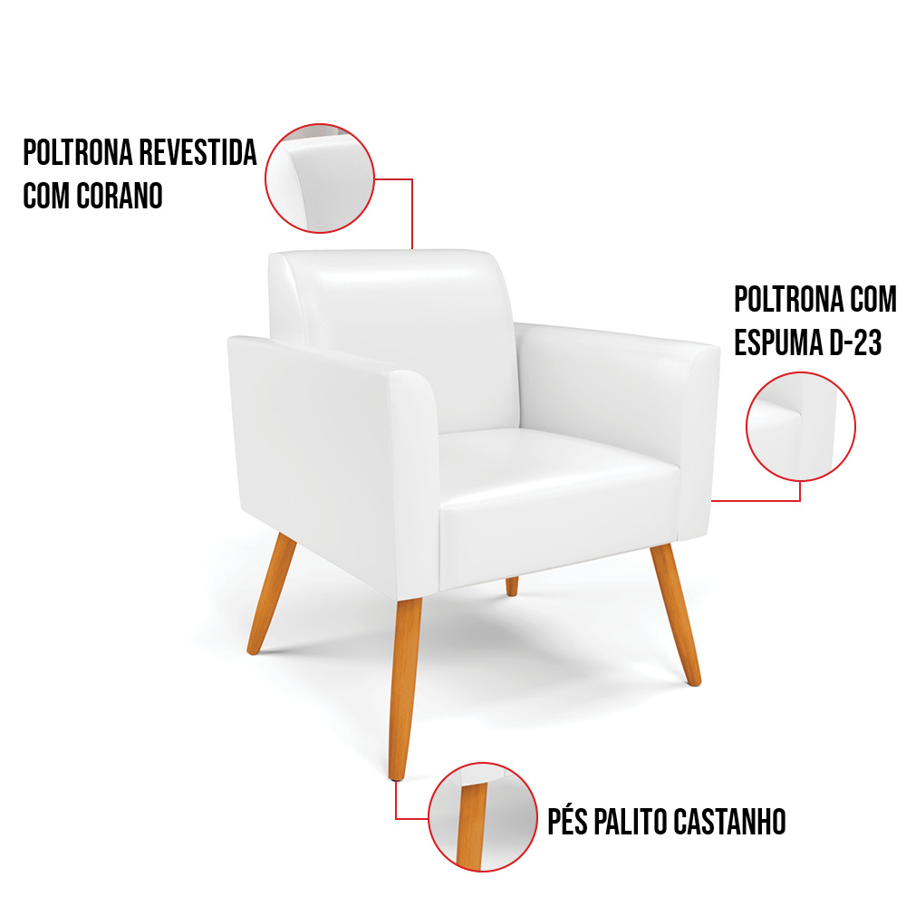 Kit 2 Poltronas Pés Palito Castanho Marisa Corano Branco D03 - D'Rossi