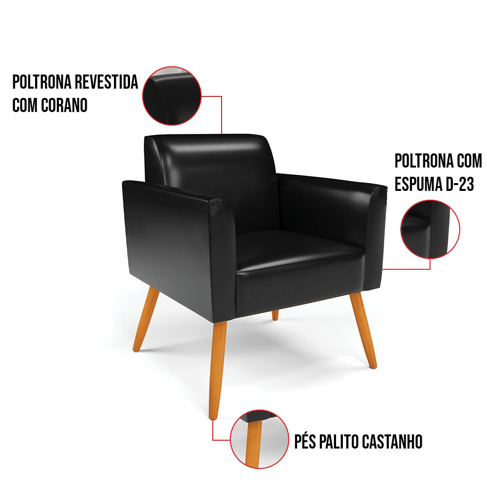 Kit 2 Poltronas Pés Palito Castanho Marisa Corano Preto D03 - D'Rossi