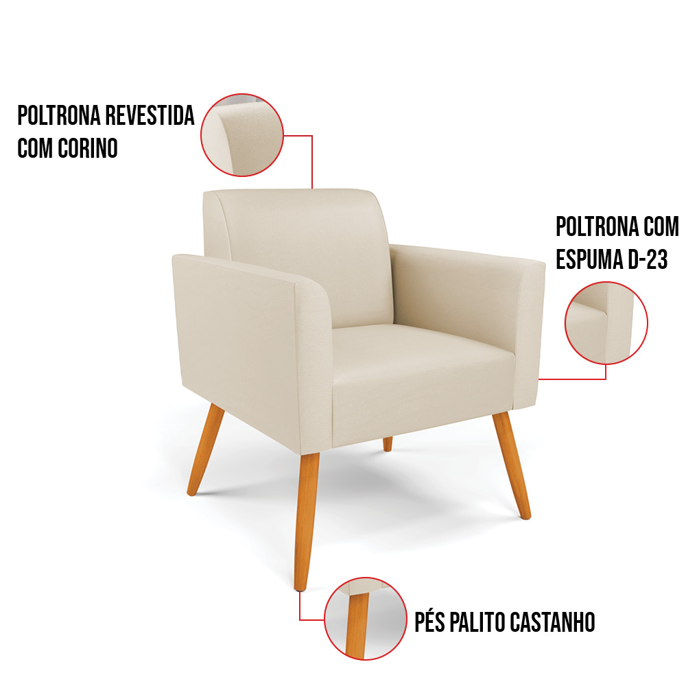 Kit 2 Poltronas Pés Palito Castanho Marisa Corino Bege D03 - D'Rossi