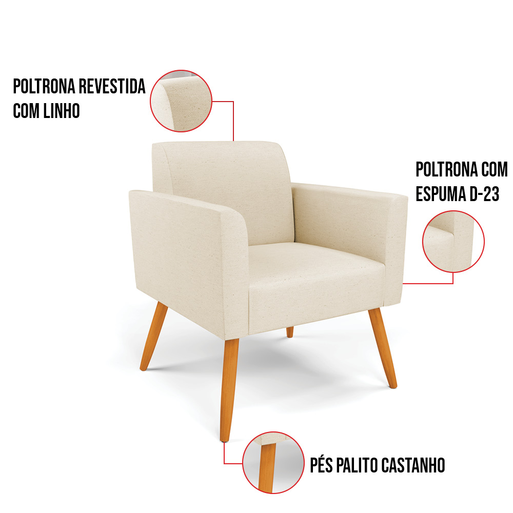 Kit 2 Poltronas Pés Palito Castanho Marisa Linho Bege A19 D03 - D'Rossi