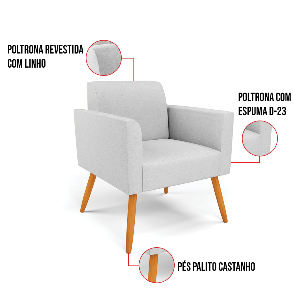 Kit 2 Poltronas Pés Palito Castanho Marisa Linho Cinza A05 D03 - D'Rossi