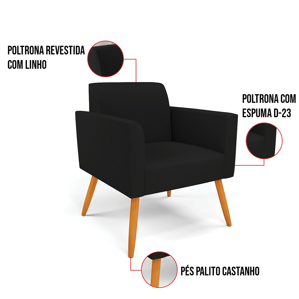 Kit 2 Poltronas Pés Palito Castanho Marisa Linho Preto A79 D03 - D'Rossi