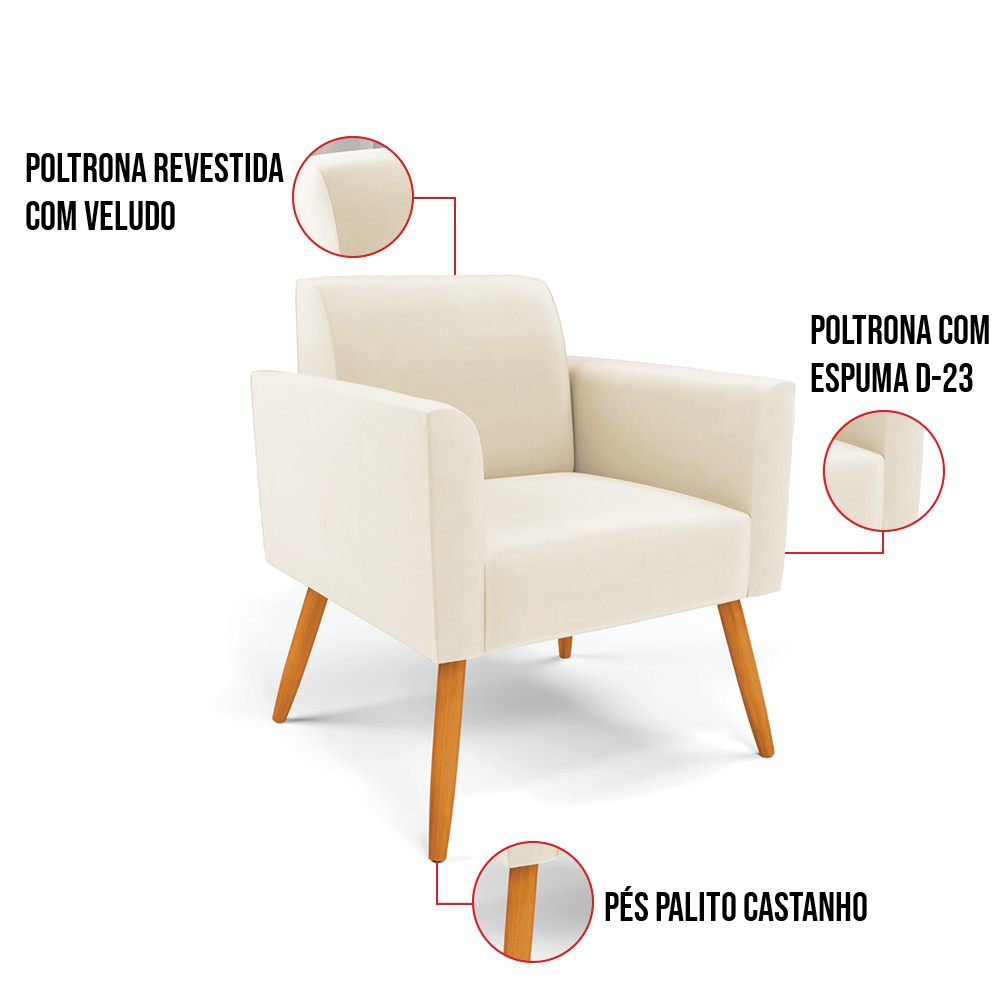 Kit 2 Poltronas Pés Palito Castanho Marisa Veludo Bege D03 - D'Rossi