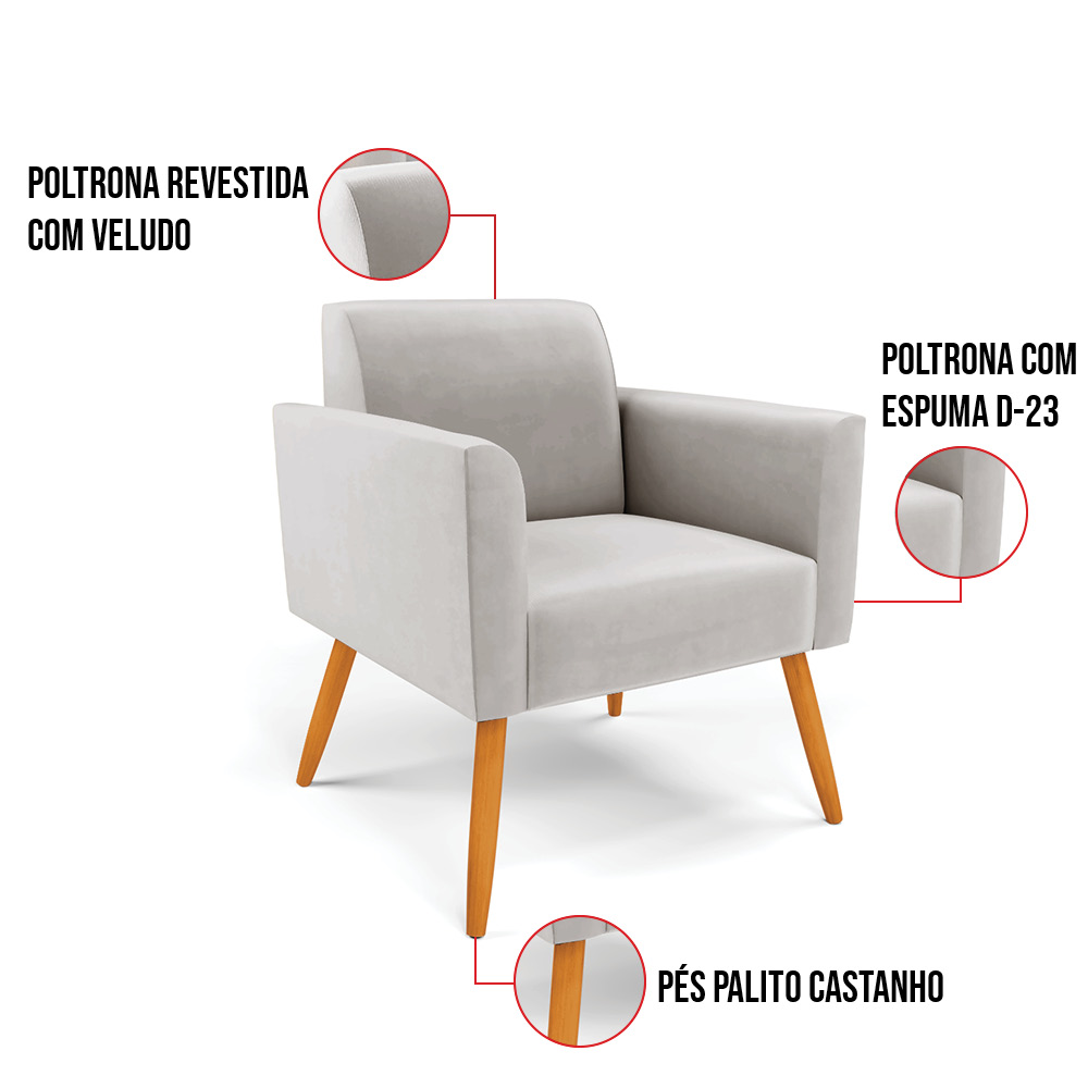Kit 2 Poltronas Pés Palito Castanho Marisa Veludo Cinza D03 - D'Rossi