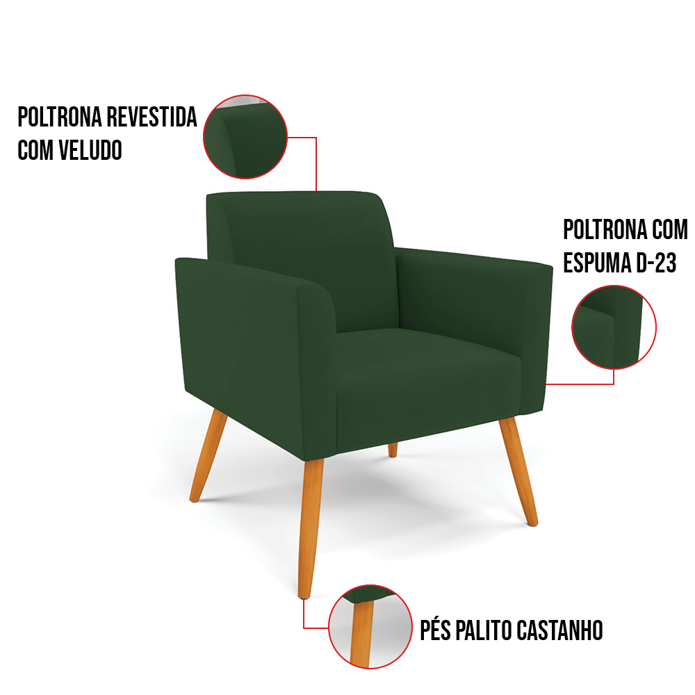 Kit 2 Poltronas Pés Palito Castanho Marisa Veludo Verde D03 - D'Rossi
