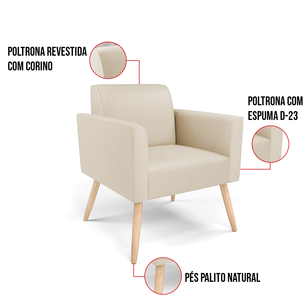 Kit 2 Poltronas Pés Palito Natural Marisa Corino Bege D03 - D'Rossi