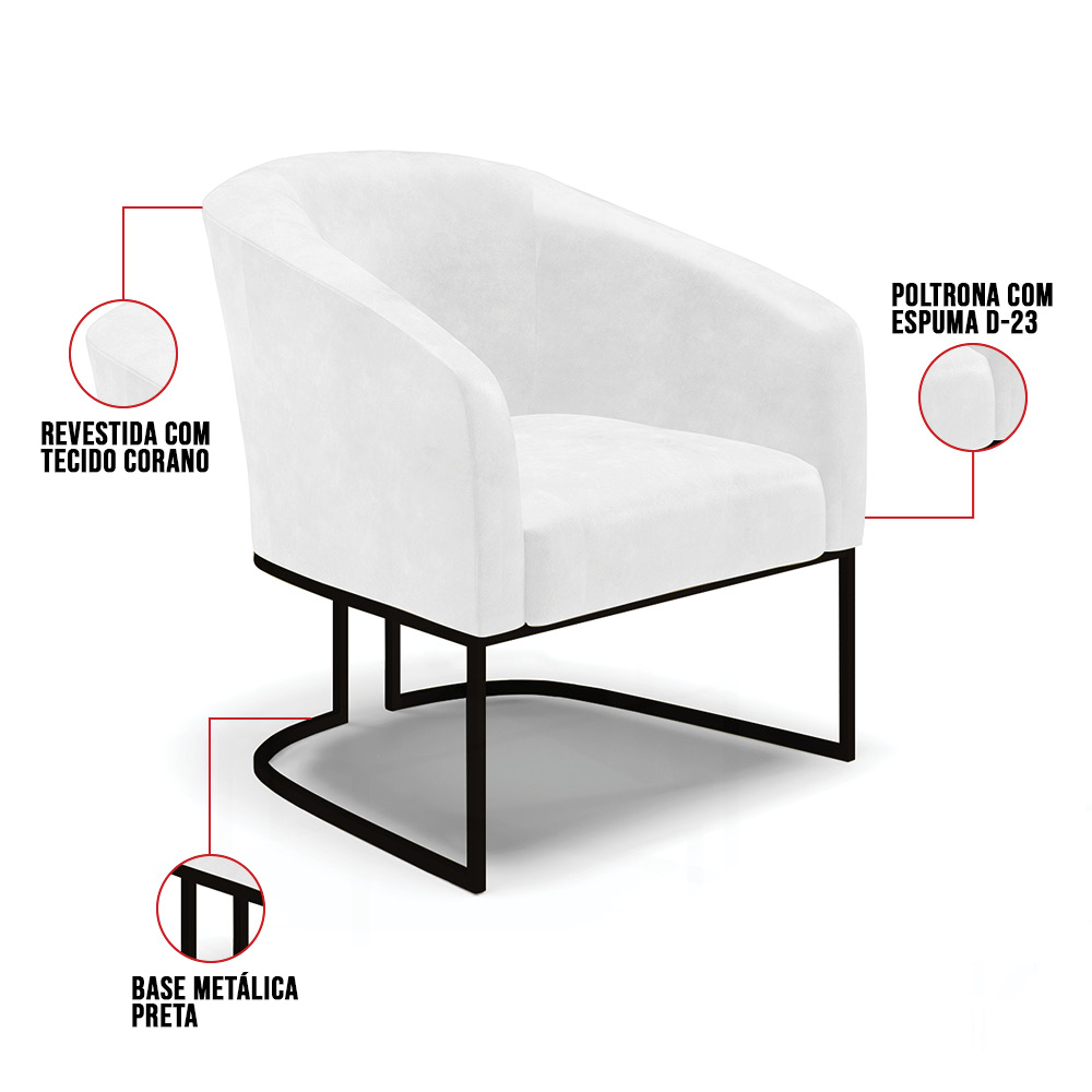 Kit 2 Poltronas Stella Corano Branco Base Metálica Industrial Preto - D'Rossi