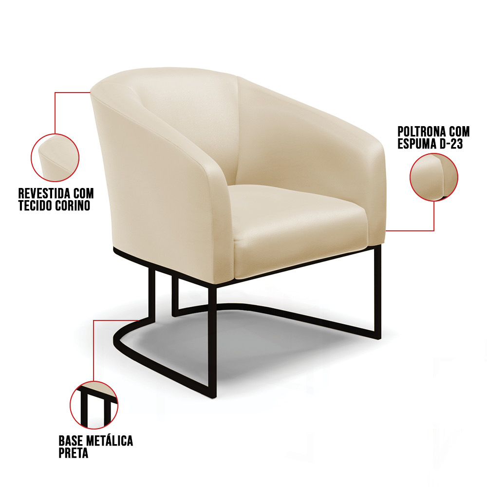 Kit 2 Poltronas Stella Corino Base Metálica Industrial Preto - D'Rossi