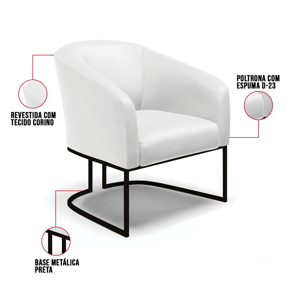 Kit 2 Poltronas Stella Corino Branco Base Metálica Industrial Preto - D'Rossi