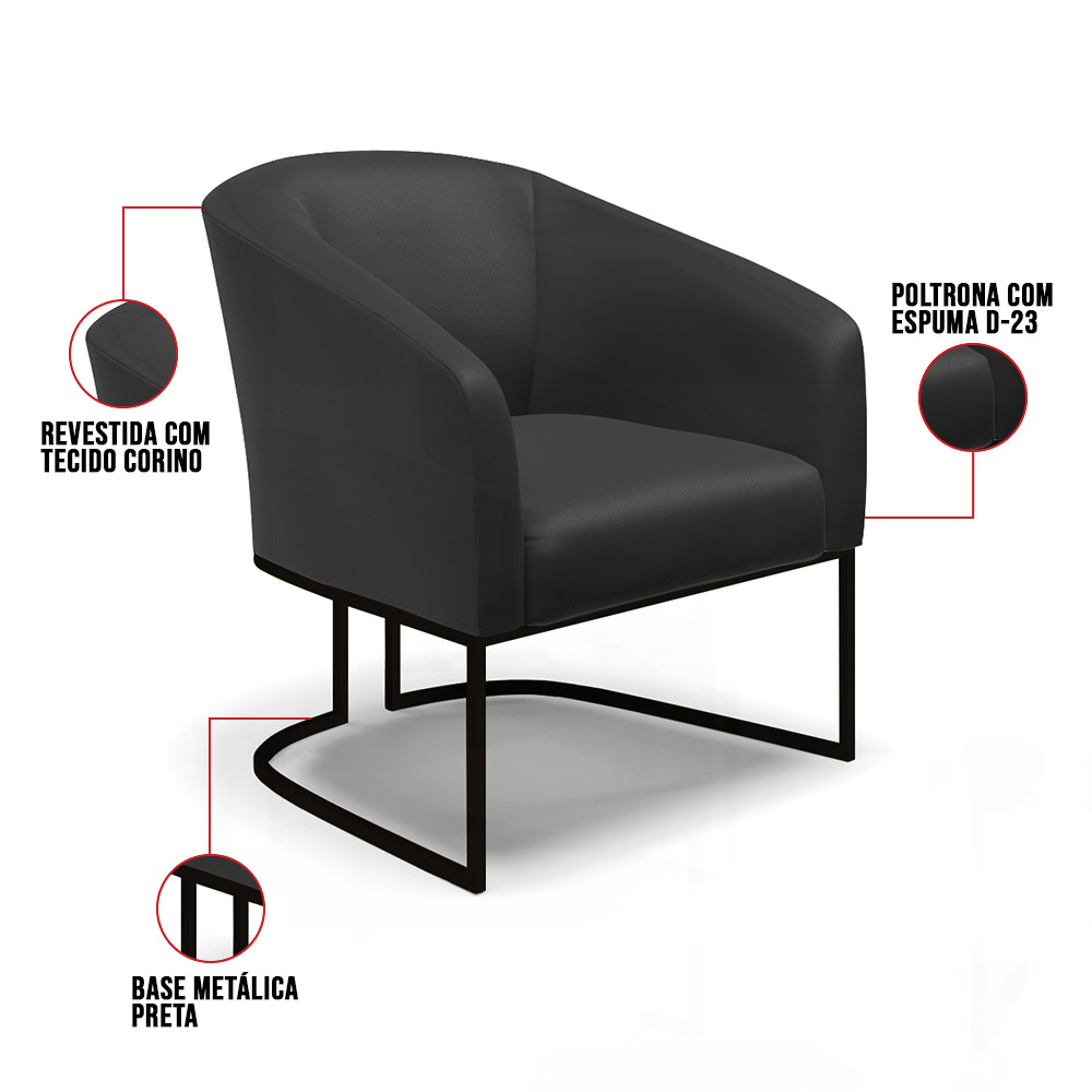 Kit 2 Poltronas Stella Corino Preto Base Metálica Industrial Preto - D'Rossi