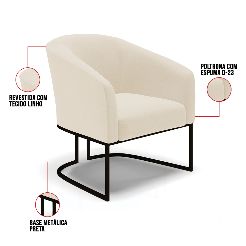 Kit 2 Poltronas Stella Linho Bege A19 Base Metálica Industrial Preto - D'Rossi