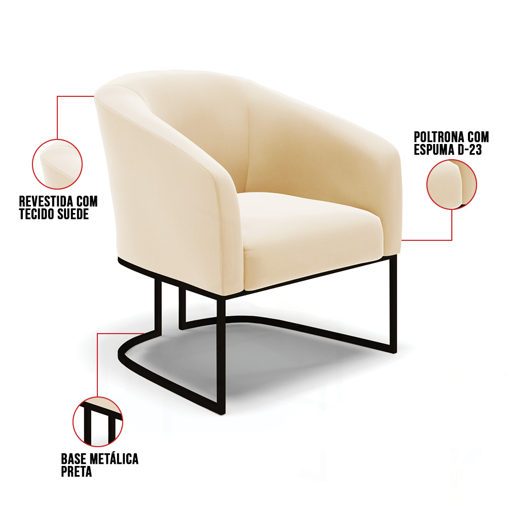 Kit 2 Poltronas Stella Suede Base Metálica Industrial Preto - D'Rossi