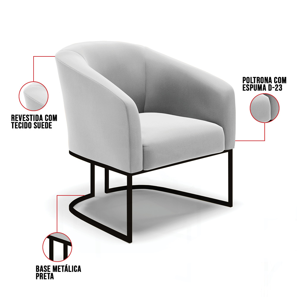 Kit 2 Poltronas Stella Suede Cinza Base Metálica Industrial Preto - D'Rossi
