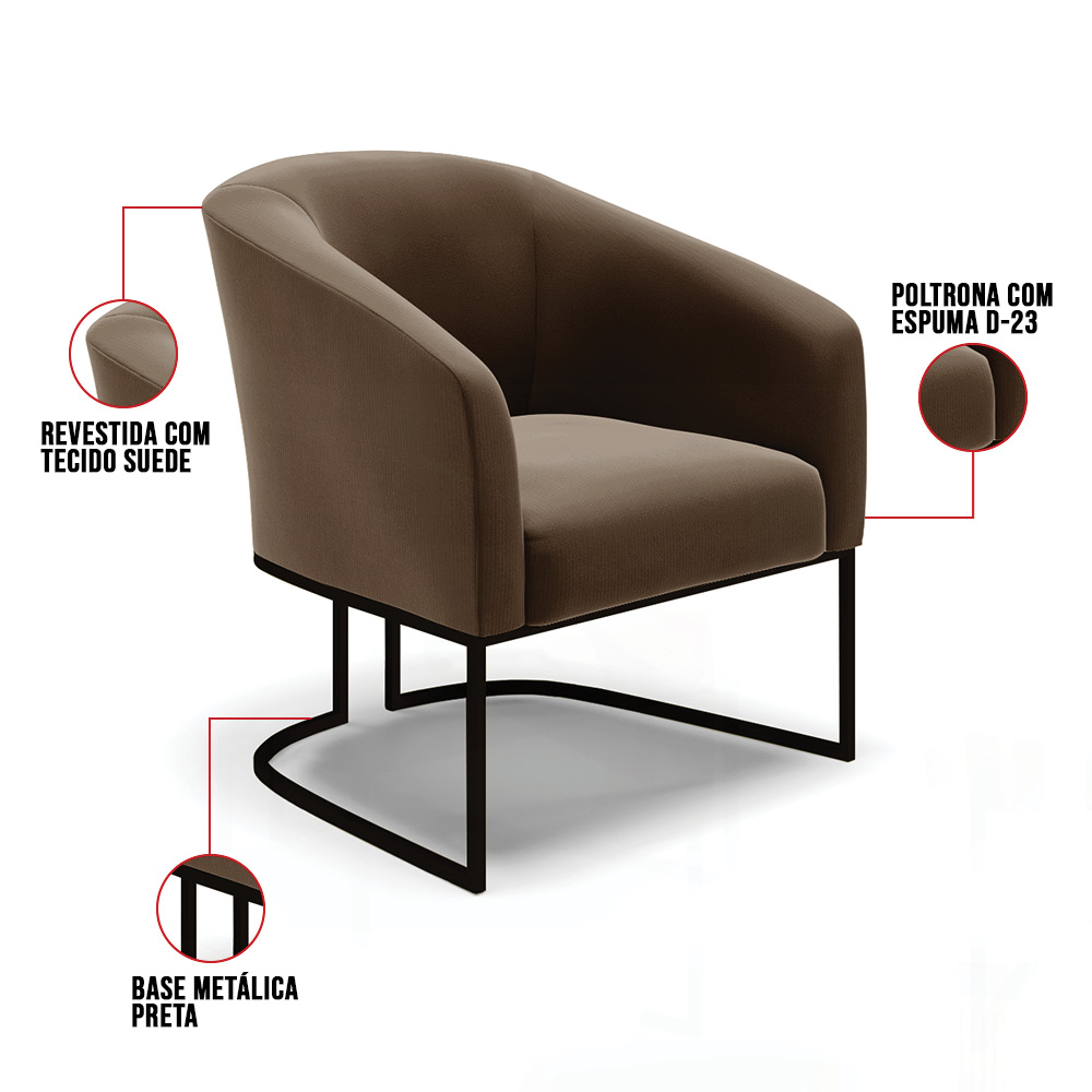 Kit 2 Poltronas Stella Suede Marrom Base Metálica Industrial Preto - D'Rossi