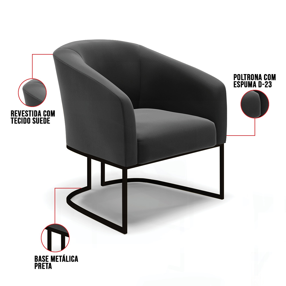Kit 2 Poltronas Stella Suede Preto Base Metálica Industrial Preto - D'Rossi