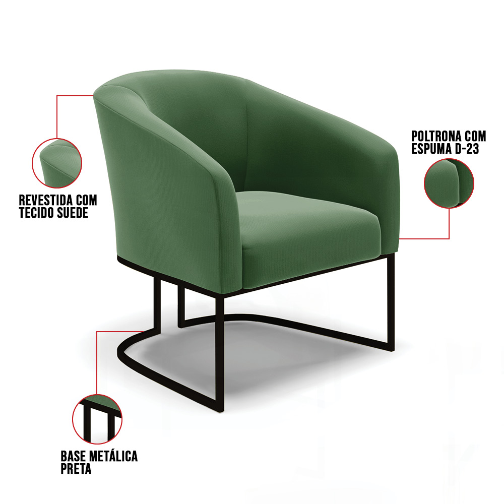 Kit 2 Poltronas Stella Suede Verde Base Metálica Industrial Preto - D'Rossi