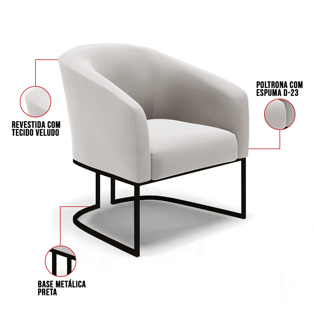 Kit 2 Poltronas Stella Veludo Cinza Base Metálica Industrial Preto - D'Rossi