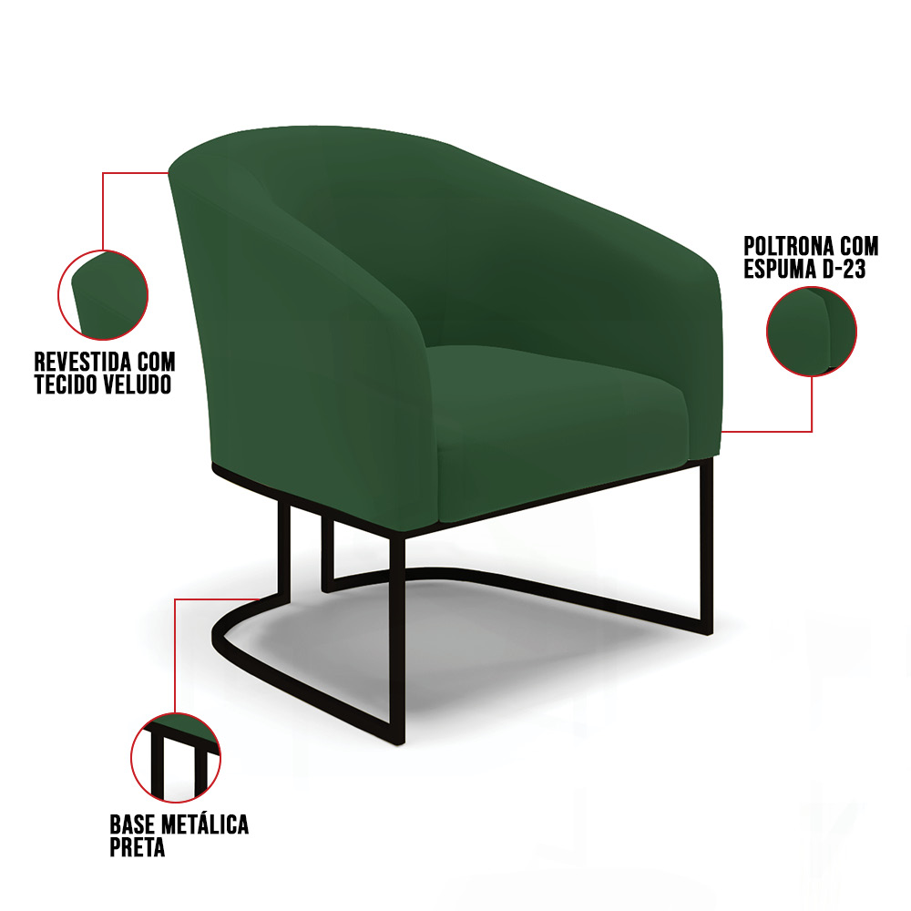 Kit 2 Poltronas Stella Veludo Verde Base Metálica Industrial Preto - D'Rossi