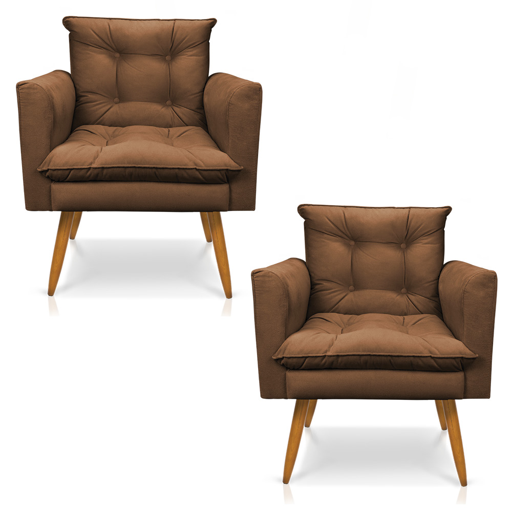 Kit 2 Poltronas Tais Suede Marrom Pés Palito Castanho - D'Rossi