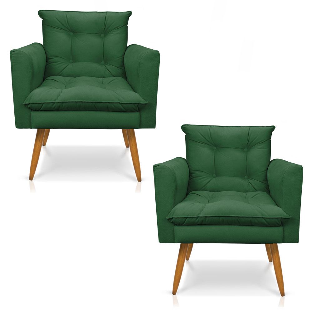 Kit 2 Poltronas Tais Suede Verde Pés Palito Castanho - D'Rossi