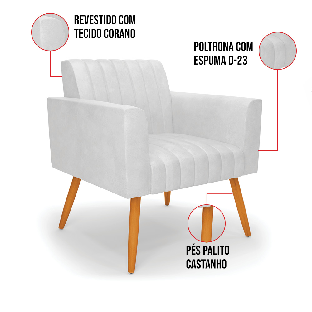 Kit 2 Poltronas Viena Gomada Corano Branco Pés Palito Castanho - D'Rossi
